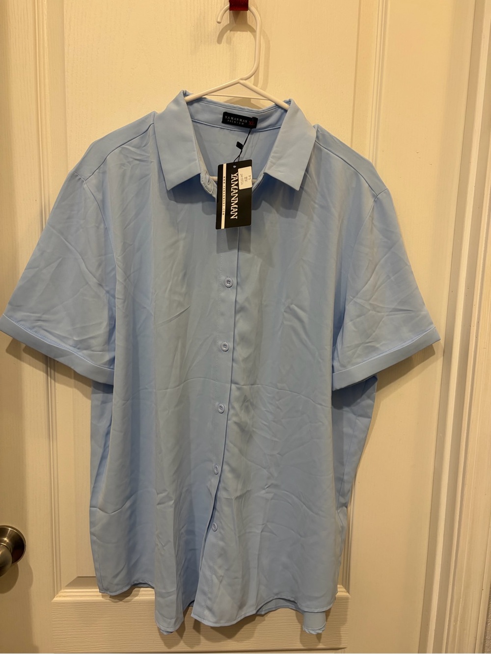 Light Blue Short-Sleeve Button-Up Shirt for Women